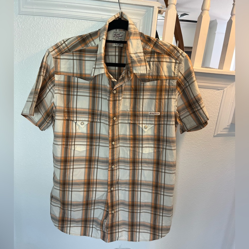 Lucky Brand Western Plaid Shirt in Tan and Orange Size XL